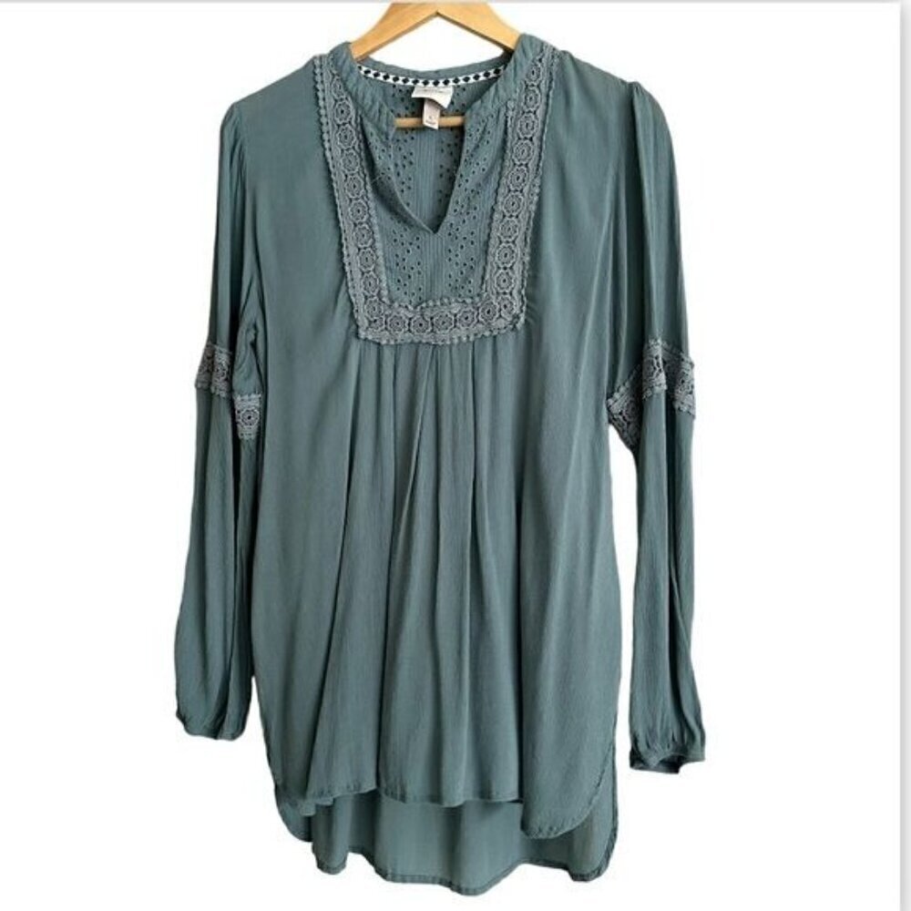 Knox Rose Green Hi-Low Gauze Tunic Crochet Lace Yoke Long Sleeves Large Boho